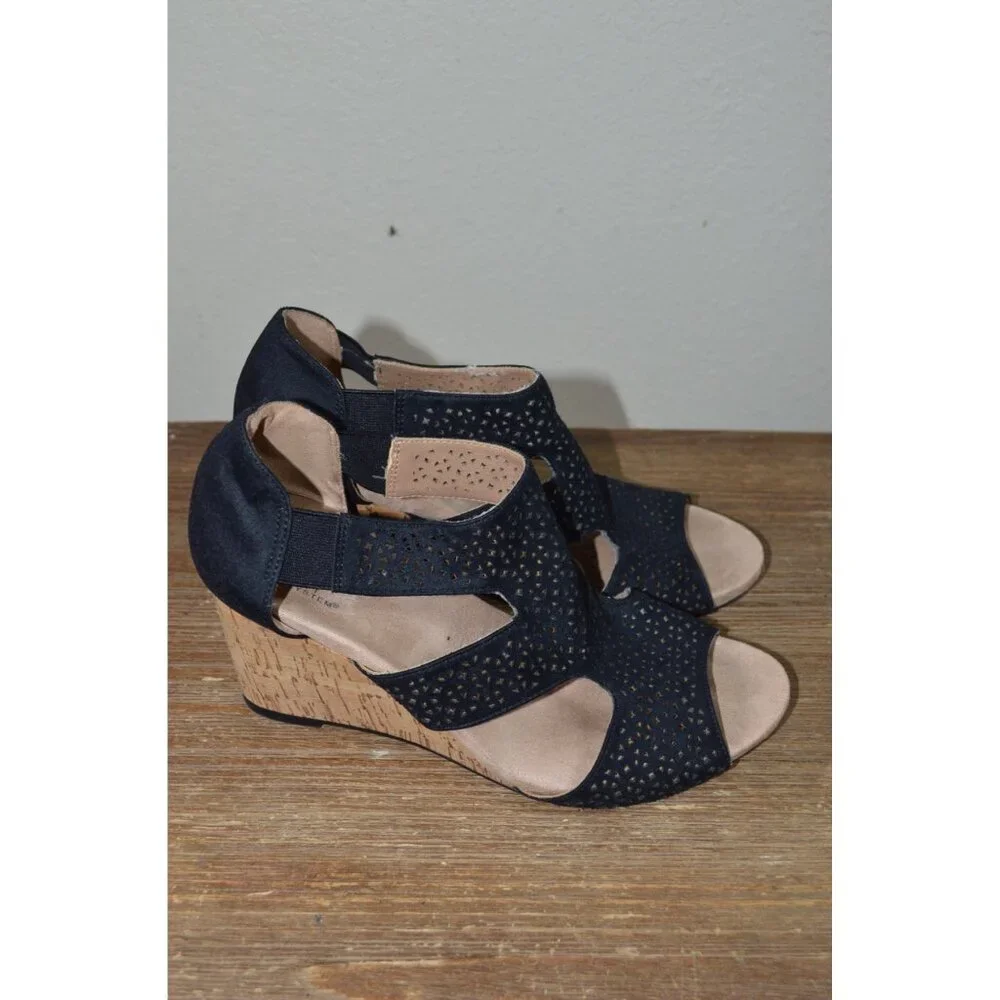 Life Stride Women’s Heidi Slip On Cork Wedge Open Toe Sandals Black Size 9M - Picture 2 of 8